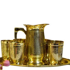 Pure Brass Lemonade & Juice Jug Set with 6 Glasses and Tray | Traditional Drinkware