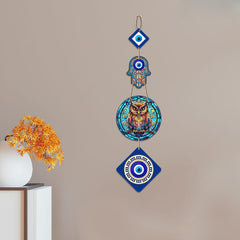 Fashcraft Owl Shape Designer Wooden Wall Hanging with Hamsa Hand | Modern Home & Door Entrance Decor