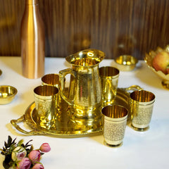 Pure Brass Lemonade & Juice Jug Set with 6 Glasses and Tray | Traditional Drinkware