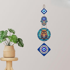 Fashcraft Owl Shape Designer Wooden Wall Hanging with Hamsa Hand | Modern Home & Door Entrance Decor