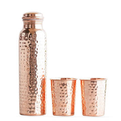 Pure Copper Hammered Water Bottle with 2 Glasses Set | Leak-Proof | Ayurvedic Health Benefits | 1 Litre Bottle + 200 ml Glasses | Matte Finish