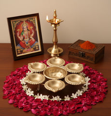 7 Inch Gold Diya Shape Urli Bowl with Diyas – Small Metal Tealight Candle Holder for Diwali, Puja, Wedding & Home Table Décor