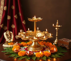 9 Diya Urli Decoration Stand with Central Lotus Candle Holder – Traditional Multi Diya Stand for Diwali, Pooja Room & Home Décor