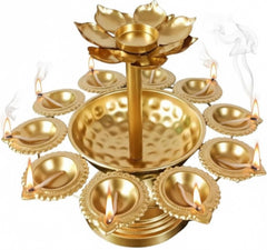 9 Diya Urli Decoration Stand with Central Lotus Candle Holder – Traditional Multi Diya Stand for Diwali, Pooja Room & Home Décor