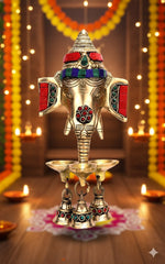 Gemstone Work Brass Ganesha Wall Hanging Diya with Bells – Decorative Temple Oil Lamp for Home & Diwali Decor (Pack of 1)