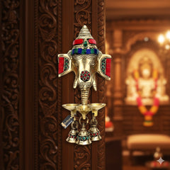 Gemstone Work Brass Ganesha Wall Hanging Diya with Bells – Decorative Temple Oil Lamp for Home & Diwali Decor (Pack of 1)