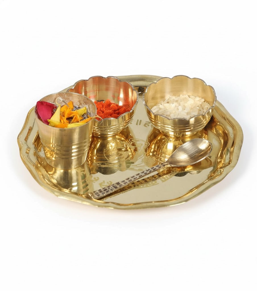 Traditional 5 Inch Brass Bhog Thali Set – Pooja Plate with Bowls, Glass & Spoon – Small Golden Set of 5