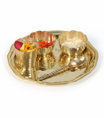 Traditional 5 Inch Brass Bhog Thali Set – Pooja Plate with Bowls, Glass & Spoon – Small Golden Set of 5