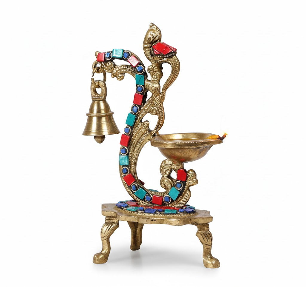 8 Inch Pure Brass Peacock Diya with Gemstone Work & Hanging Bell – Antique Carved Oil Lamp for Home & Pooja – Pack of 1