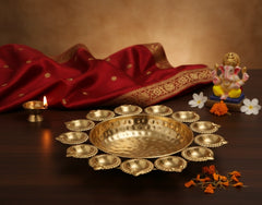 7 Inch Gold Diya Shape Urli Bowl with Diyas – Small Metal Tealight Candle Holder for Diwali, Puja, Wedding & Home Table Décor