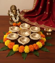 Set of 2 Diya Shape Urli Bowls (7 Inch) – Handcrafted Metal Floating Flower & Tealight Candle Holders for Diwali, Puja & Table Decor